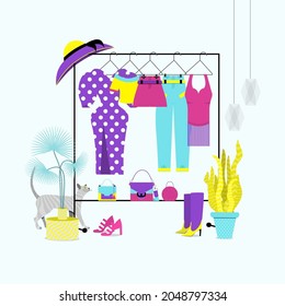 Stylish fashion clothes hanging on hangers .Organized women's summer wardrobe. Clothes storage. flat vector illustration.