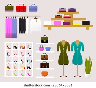 Stylish fashion clothes hanging on hangers rack on white background. Women's bags, shoes, sweaters, dresses, shirts, T-shirts are on the shelves.