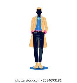 Stylish fashion illustration of man mannequin wearing coat outerwear. Trendy urban fashion illustration.