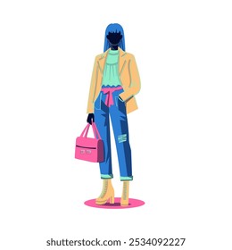 Stylish fashion illustration of woman mannequin wearing jeans and jacket with handbag. Trendy urban fashion illustration.