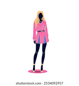 Stylish fashion illustration of woman mannequin wearing dress. Trendy urban fashion illustration.