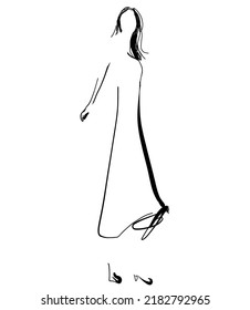 Stylish fashion model. Fashion girls Sketch. Black dress