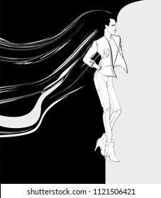 Stylish fashion model. Pretty young girl. Fashion girl Sketch