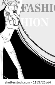 Stylish fashion model. Pretty young girl. Fashion girl Sketch