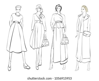 Stylish fashion models. Fashionable girls Sketch. Set of fashion girls on a white background.