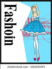 Stylish fashion models. Fashion girl Sketch. The girl in a fashionable dress with a checkered pattern.