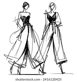 Stylische Modelle. Modemädchen Sketch. Frauen in Hosen