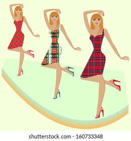 Stylish fashion models posing on podium in various checkered dresses, hand drawing vector illustration