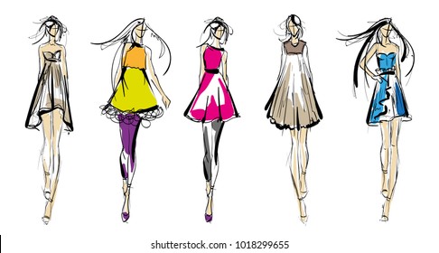 Stylish fashion models. Pretty young girls. Fashion girls Sketch