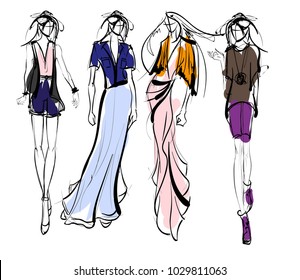 Stylish fashion models. Pretty young girls. Fashion girls Sketch