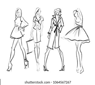 Stylish fashion models. Pretty young girls. Fashion girls Sketch