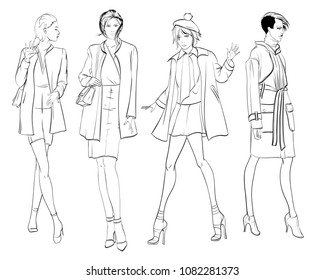 Stylish fashion models. Pretty young girls. Fashion girls Sketch