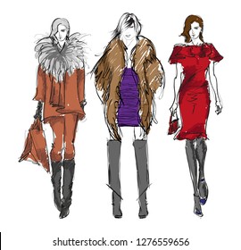 Stylish fashion models. Pretty young girls. Fashion girls Sketch