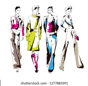 Stylish fashion models. Pretty young girls. Fashion womans Sketch