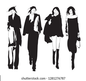 Stylish fashion models. Pretty young girls. Fashion womans Sketch
