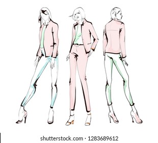 Stylish fashion models. Pretty young girls. Fashion womans Sketch