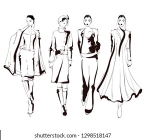 Stylish fashion models. Pretty young girls. Fashion womans Sketch