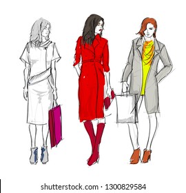 Stylish fashion models. Pretty young girls. Fashion womans Sketch