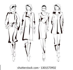 Stylish fashion models. Pretty young girls. Fashion womans Sketch