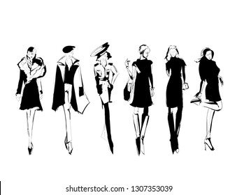 Fashion Models Sketch Style Collection Evening Stock Vector (Royalty ...