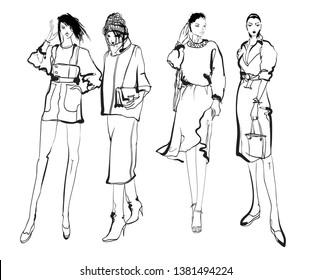 Stylish fashion models. Pretty young girls. Fashion womans Sketch