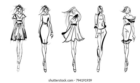 Stylish fashion models. Pretty young girls. Fashion girls Sketch - Shutterstock ID 794191939