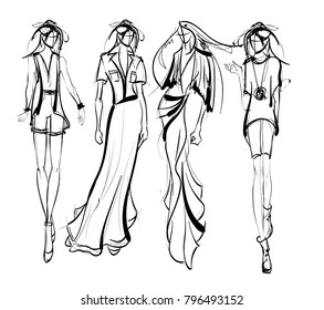 Stylish fashion models. Pretty young girls. Fashion girls Sketch