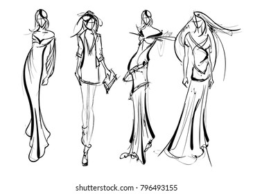 Stylish fashion models. Pretty young girls. Fashion girls Sketch