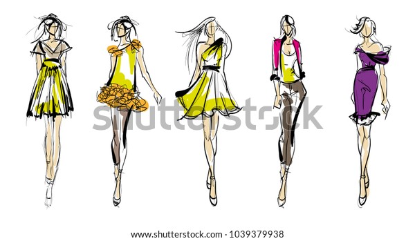 スタイリッシュなファッションモデル かわいい若い女の子 ファッションガールズスケッチ のベクター画像素材 ロイヤリティフリー