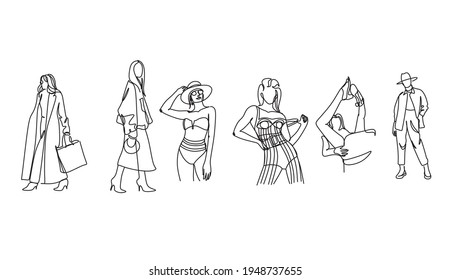 Stylish fashion models set. Abstract stylized female figures. Fashion womans sketch style. Isolated objects on white background. Vector illustration