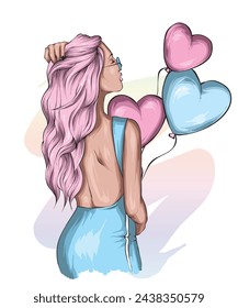 Stylish Fashion Portrait: Beautiful Girl with Heart Balloons