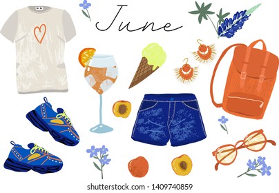 Stylish fashion set with outfit and accessories, different spring and june elements. Calendar 2020. Woman Jeans shorts, t-shirt, bright colors, shoes, bag, aperol spritz, ice cream, apricot, backpack