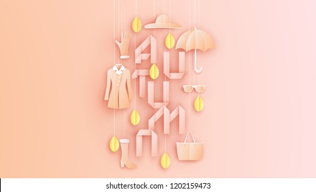 Stylish fashion set of woman's in autumn and calligraphy of AUTUMN. Autumn pastel color background for women. paper cut and craft design. vector, illustration.