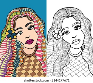 Stylish fashion woman coloring book page illustration for adults art drawing relaxing 