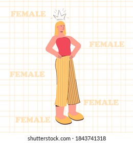 Stylish, fashion woman with crown above head standing, text Female. Activisms, feminist concept. Modern composition with quote. 