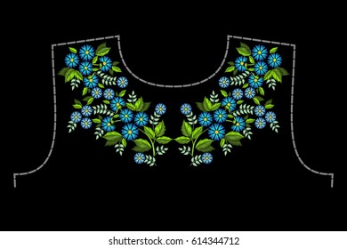 Stylish, fashionable, bright floral arrangements of summer wild flowers for embroidery textile products. A pattern for decorating the neck of clothing.