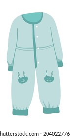 Stylish And Fashionable Kids Clothes, Isolated Model Of Children Costume With Buttons And Bunny Character. Boyish Suit For Newborn Babies, Body Or Romper With Soft Texture. Vector In Flat Style