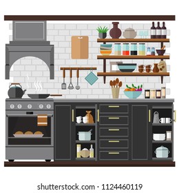 Stylish and fashionable kitchen in simple colors. Vector illustration on the theme of the interior.