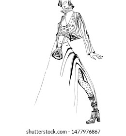 Stylish and fashionable model. Sketch. Vector illustration of a coloring book. Sketch drawn by gel pen