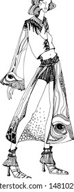 Stylish and fashionable model. Sketch. Vector illustration of a coloring book. Sketch drawn by gel pen.