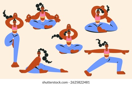 Stylish fashionable modern vector illustration. Dark-skinned girl doing yoga, exercises. Workout.