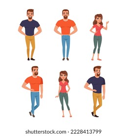 Stylish fashionable people set. Young men and women wearing trendy casual outfit cartoon vector illustration