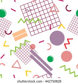 Stylish and fashionable seamless pattern vector design with abstract geometric shapes, repeating tiled background, 80s-90s style trendy design element for web and print.