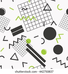 Stylish and fashionable seamless pattern vector design with abstract geometric shapes, repeating tiled background, 80s-90s style trendy design element for web and print.