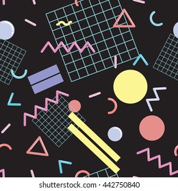 Stylish and fashionable seamless pattern vector design with abstract geometric shapes, repeating tiled background, 80s-90s style trendy design element for web and print.