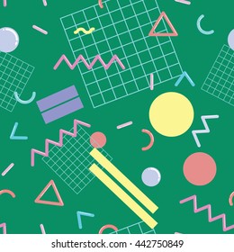 Stylish and fashionable seamless pattern vector design with abstract geometric shapes, repeating tiled background, 80s-90s style trendy design element for web and print.