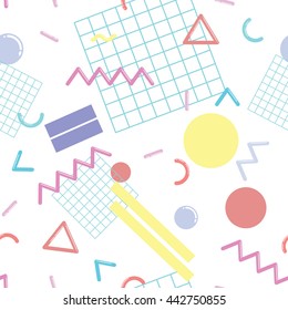 Stylish and fashionable seamless pattern vector design with abstract geometric shapes, repeating tiled background, 80s-90s style trendy design element for web and print.