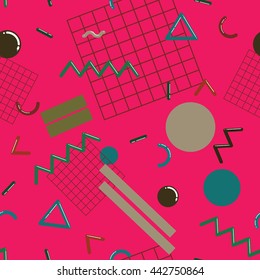 Stylish and fashionable seamless pattern vector design with abstract geometric shapes, repeating tiled background, 80s-90s style trendy design element for web and print.