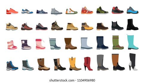 Stylish and fashionable shoes, sneakers and boots. Big flat icon collection of men's, women's and children's footwear. 