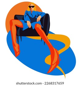 Stylish fashionable woman with floating hair in bright colors. A strict business lady sitting on a chair. Juicy modern woman in stylish clothes with elongated body parts. An inverted perspective.
